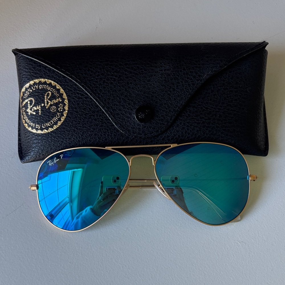 Ray-Ban Polarized Gold Aviator Sunglasses with Blue Mirror Lenses